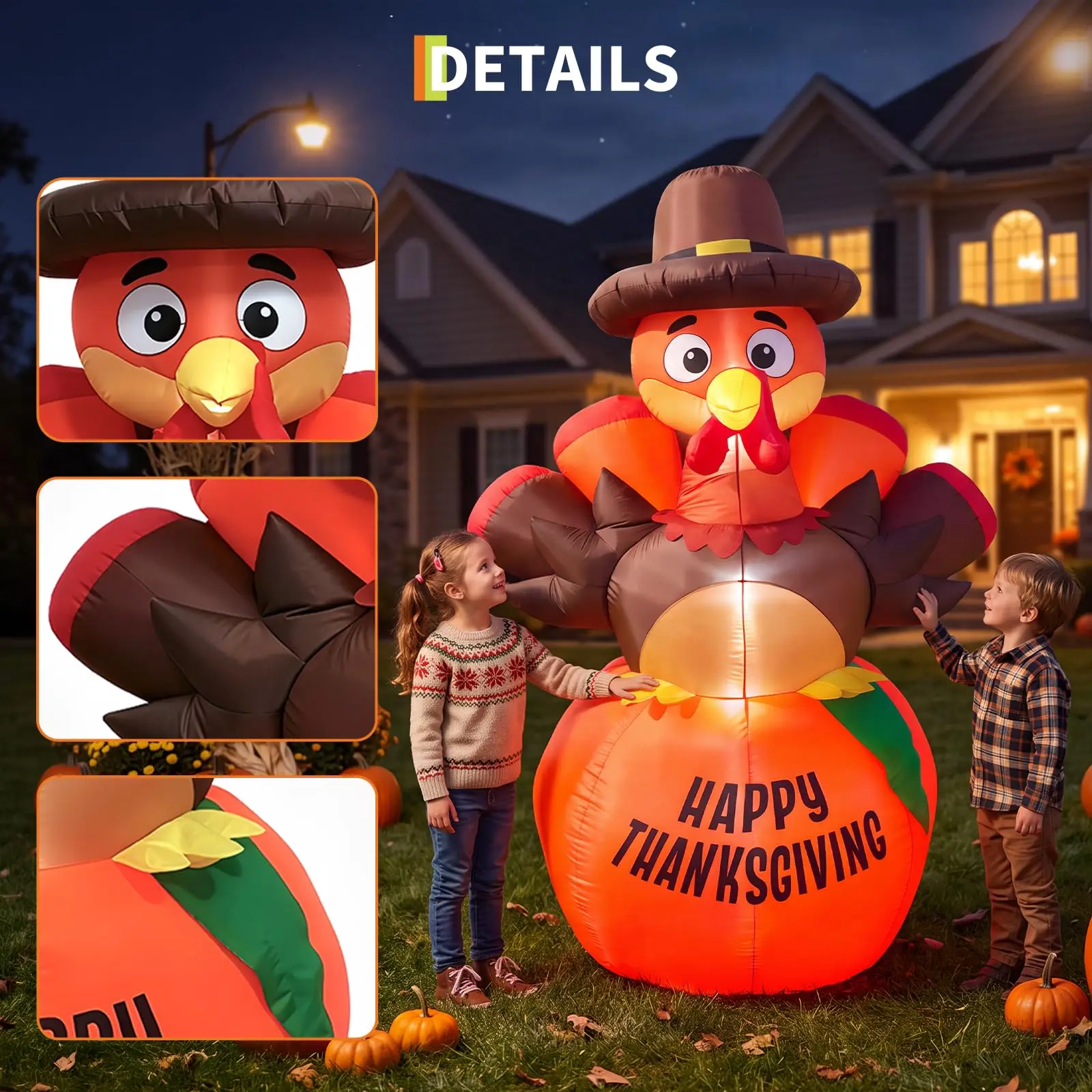 6 FT Thanksgiving Inflatable Outdoor Decoration – Pumpkin & Turkey Design with 7 LED Lights, Weather-Resistant Polyester for Yard, Garden, Porch, Party & Indoor Display