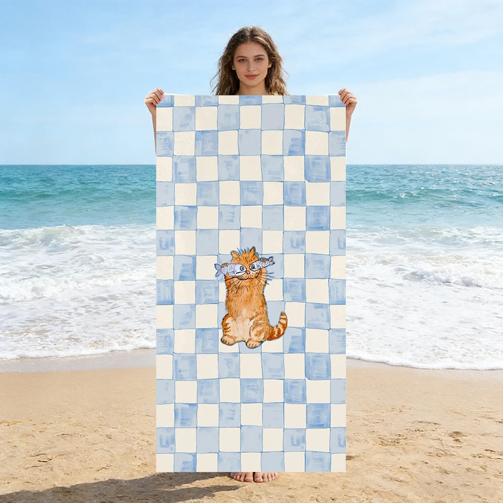 1PC Blue and White Cartoon Cat Beach Towel Quick-drying Towel Suitable for Seaside Pool Camping Vacation Yoga For Family Friends