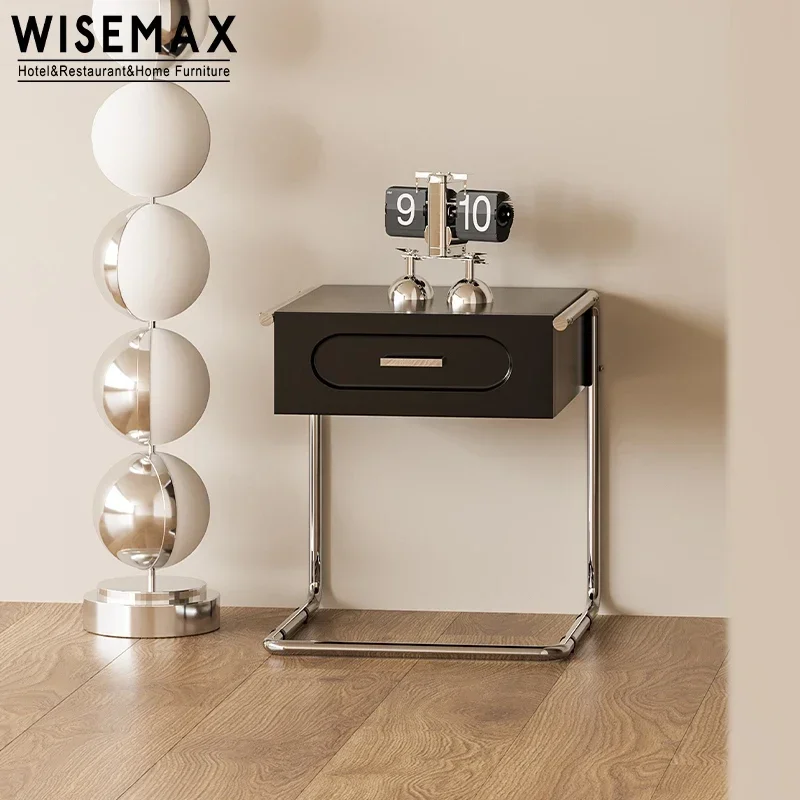 WISEMAX FURNITURE Modern bedroom furniture black cube wood bedside cabinet  storage drawers nightstand with metal base