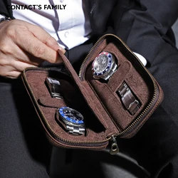 CONTACT'S FAMILY Vintage Genuine Leather Watch Zipper Case 2/4/6/8 Slots Portable Travel Storage Watch Pouch Bag for Gift