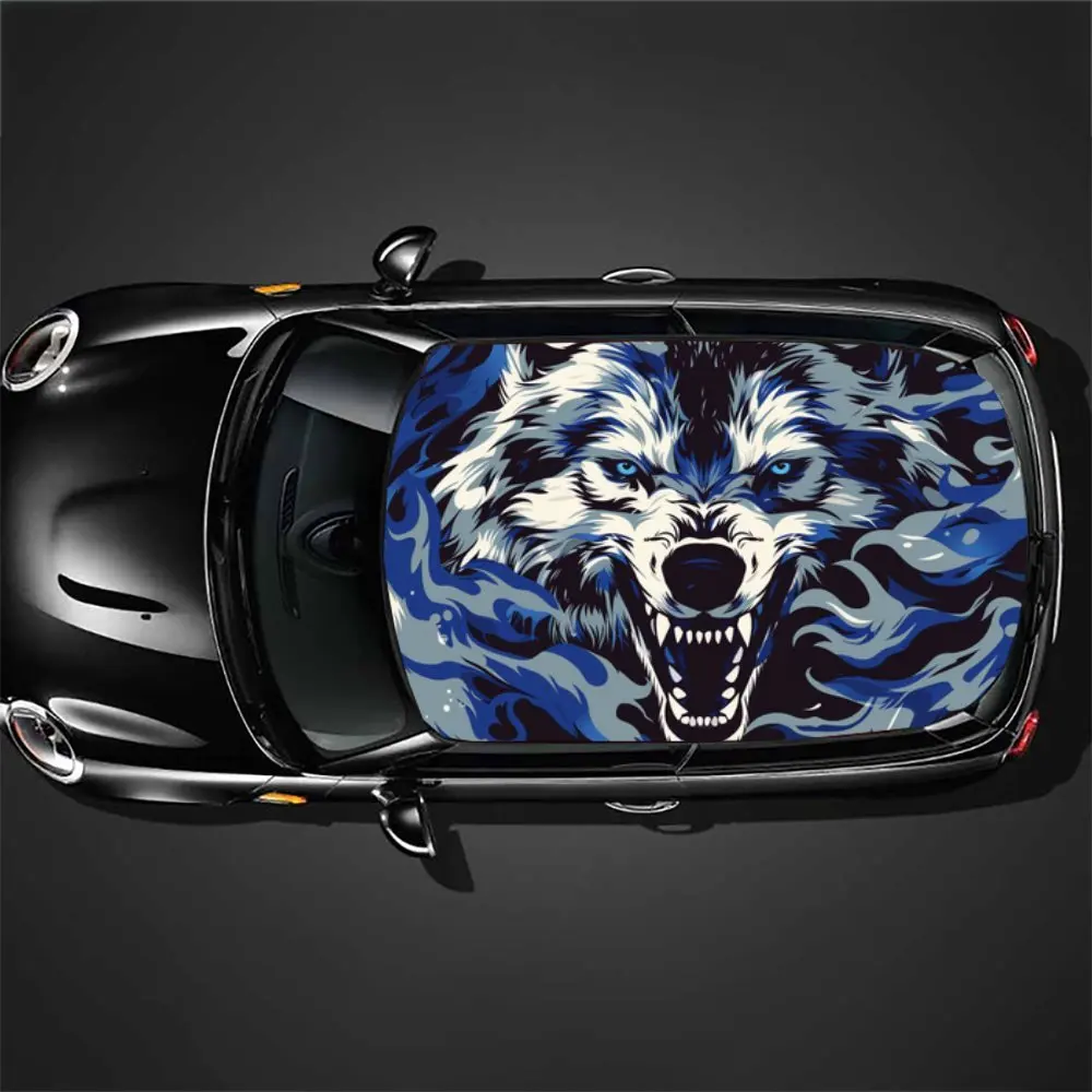 Ice Blue Furious Wolf: نمط اللهب في أغطية الفينيل للسيارة ذات الرسومات البرية، ورسومات سقف السيارة من الفينيل، وإحضار فيزوا مذهل
