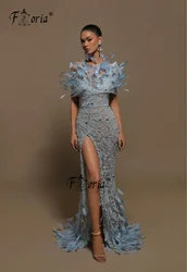 Elegant Blue Dubai Mermaid Evening Dresses Luxury 2023 Feathers Beaded Lace robe longue soirée Scoop Neck largo fiesta noche