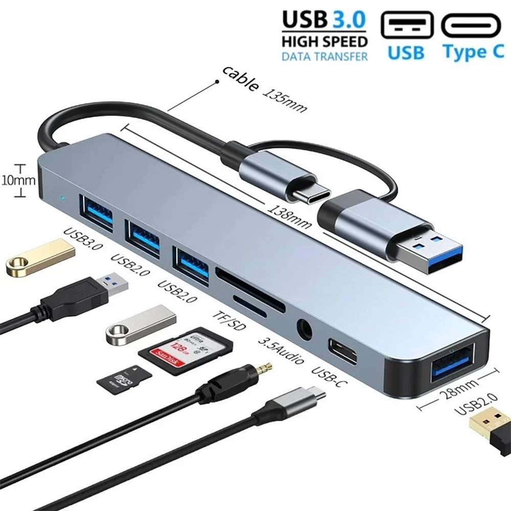 8IN2 Multiport Hub USB A & Type-C Double Plug USB3.0  USB2.0 SD TF Card Reader 3.5mm Audio Jack Portable Aluminum  for Laptop PC