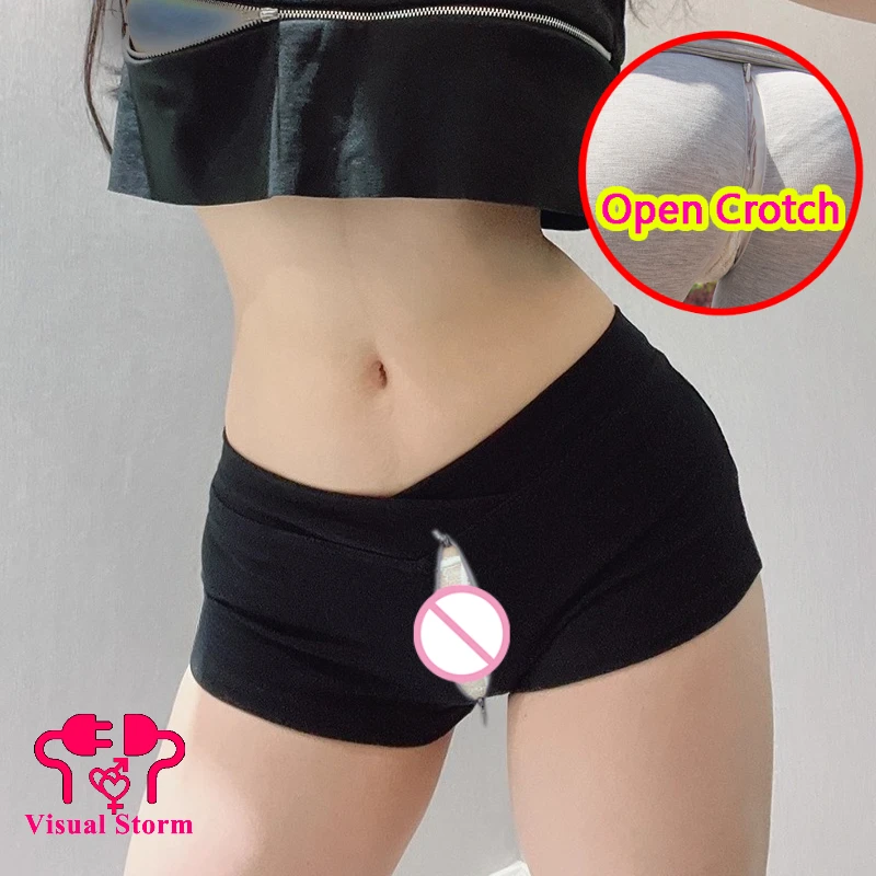 Woman's Black Sexy Open Crotch Sporty Mini Shorts Low Rise Casual Outdoor Play Push Up Sportwear Crotchless Super Mini Bottoms