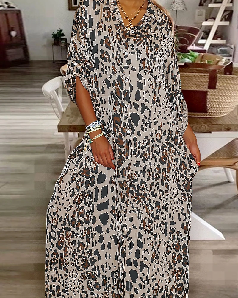 Dresses Woman Summer 2025 Trend Leopard Print A Line Long Sleeve Front Shirt Dress for Women Elegant Midi Women's Dress