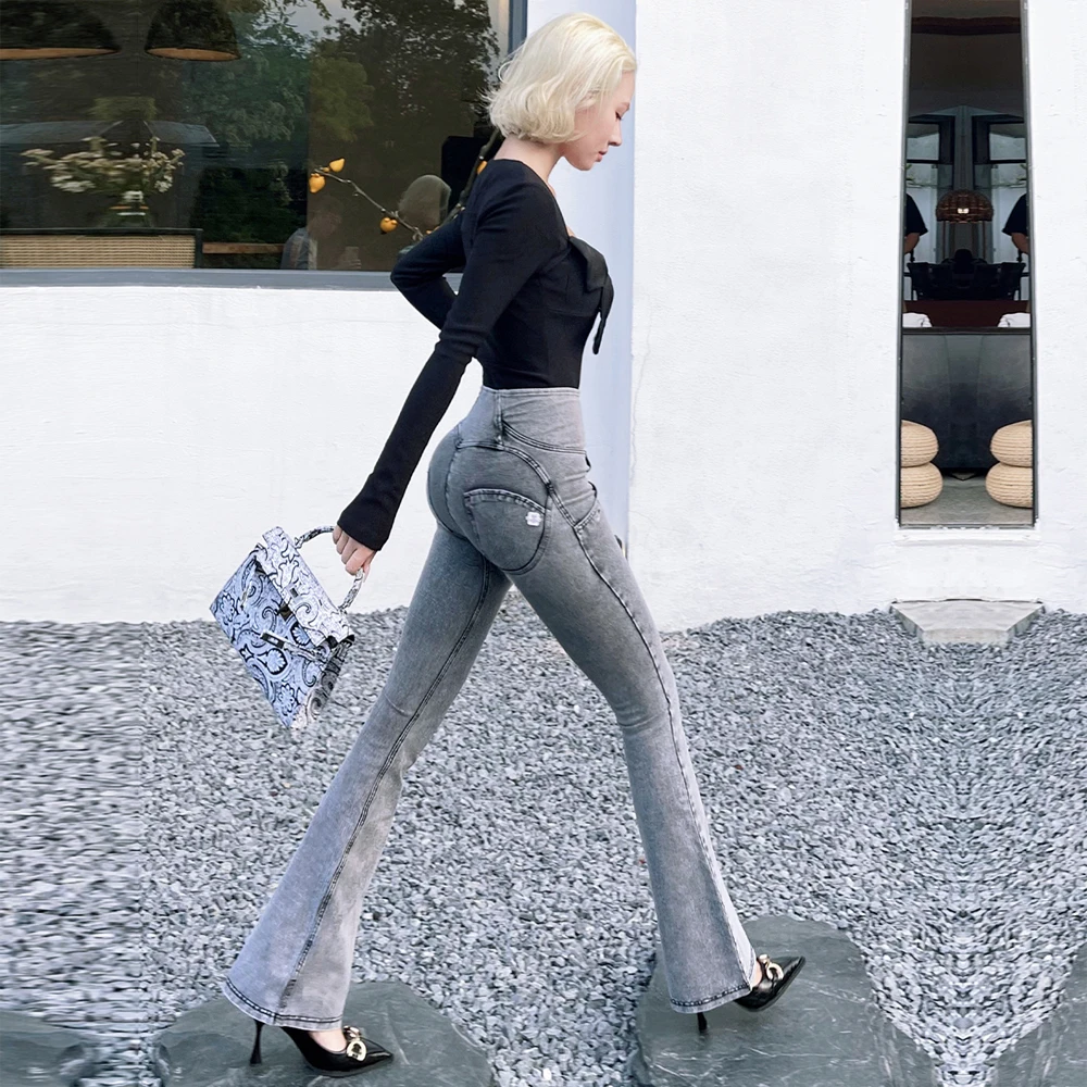 Shascullfites Flared Jeans Woman High Waist Slim Grey Stretch Denim Women Tight Pant Street Style Casual Trousers