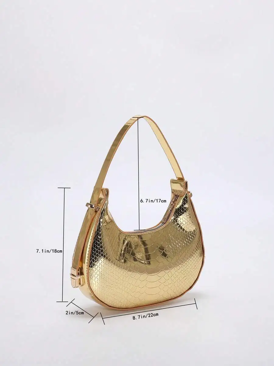 

Metallic Snakeskin Embossed Hobo Bag Solid Color Shoulder Bag For Street Wear