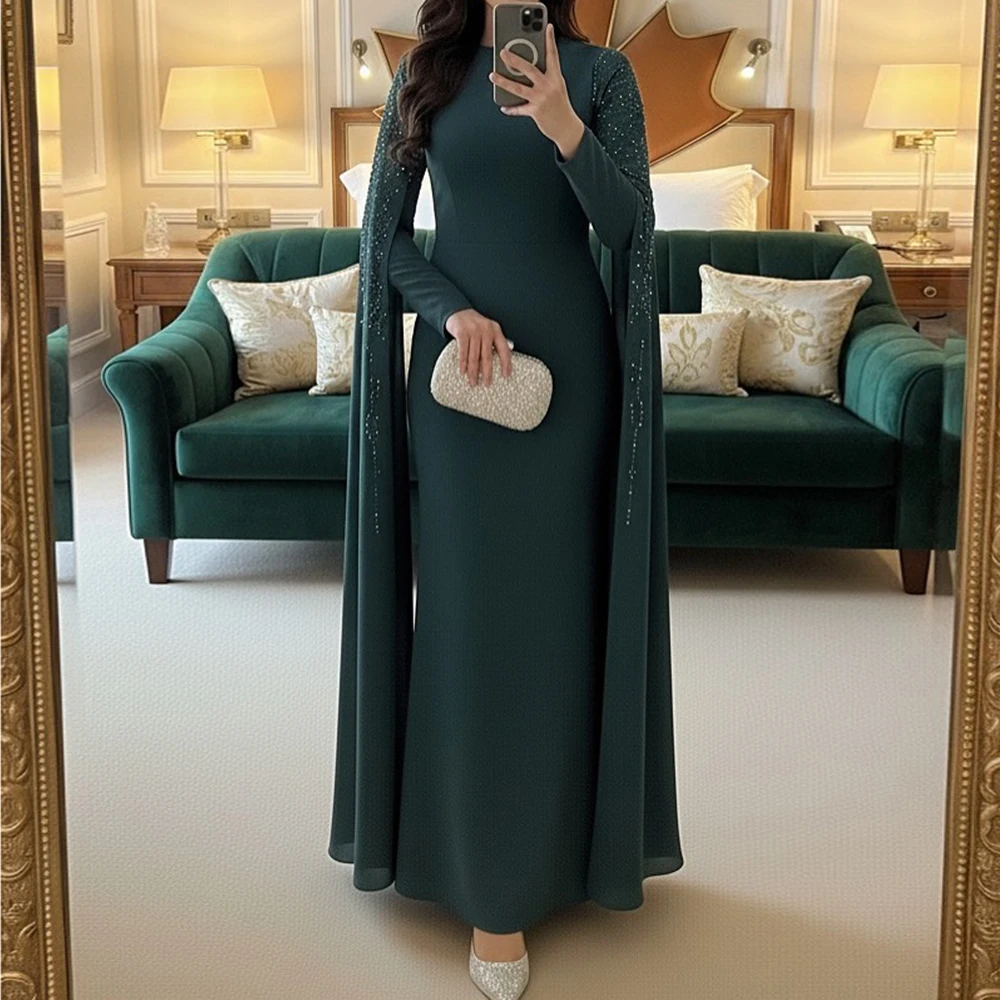 

Customized A-line Evening Dresses Floor-length O-neck Full Sleeve Prom Gown Fashion Sequined Stole Simple Draped Party Dresses