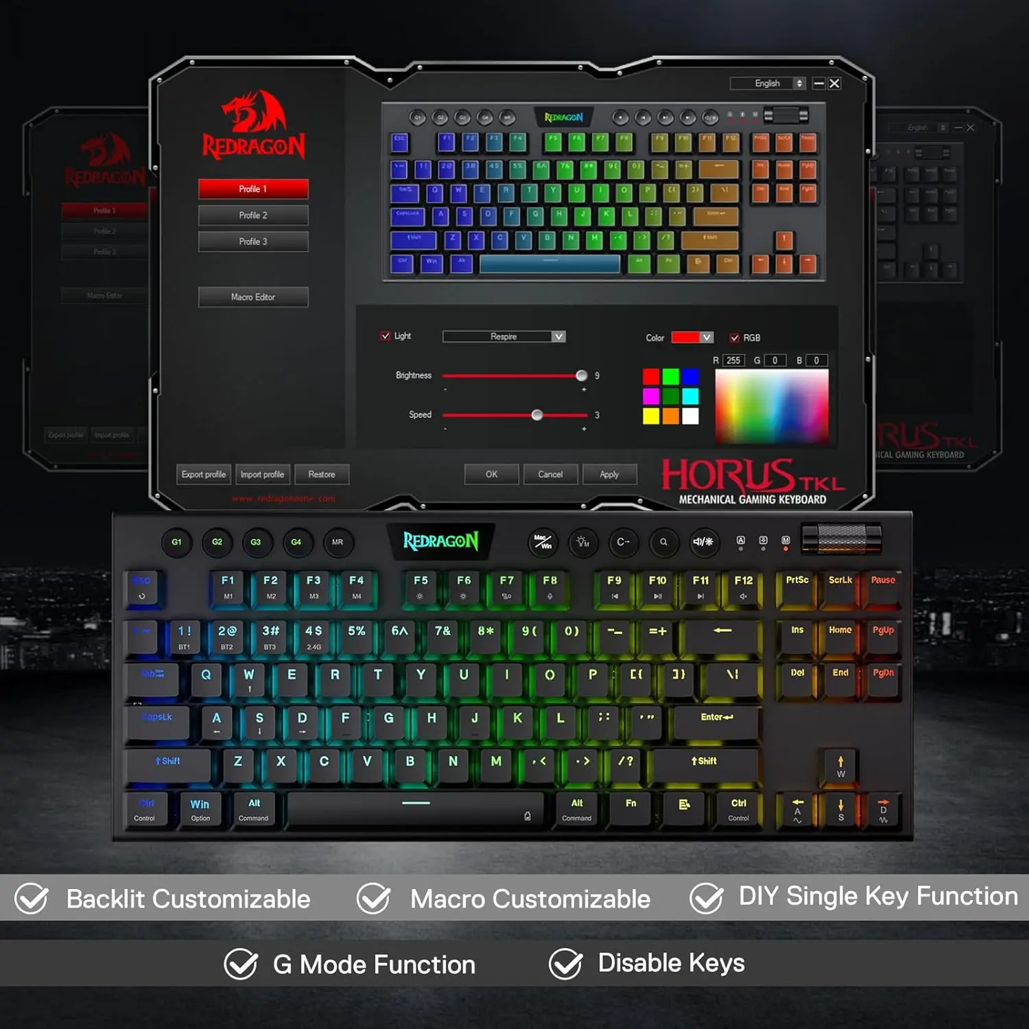 Redragon K621 Horus TKL Tastiera meccanica wireless RGB a basso profilo cablata 80% interruttori Bluetooth ultrasottili rosso/marrone/blu