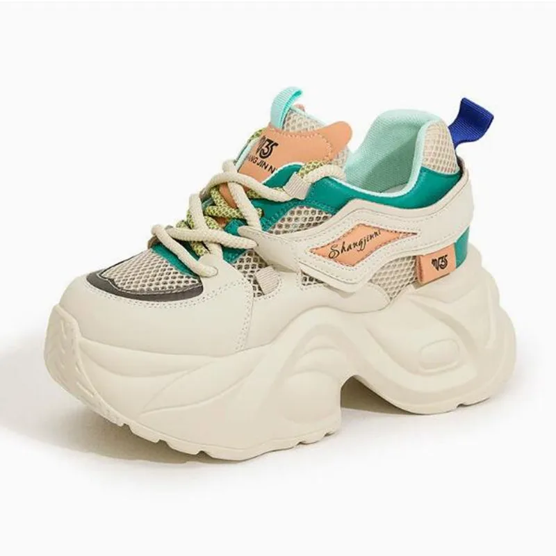 9cm Air Mesh Synthetic Genuine Leather Chunky Sneaker Sandals Women Ladies Comfy Spring Autumn Boots Mixed Color Vulcanize Shoes