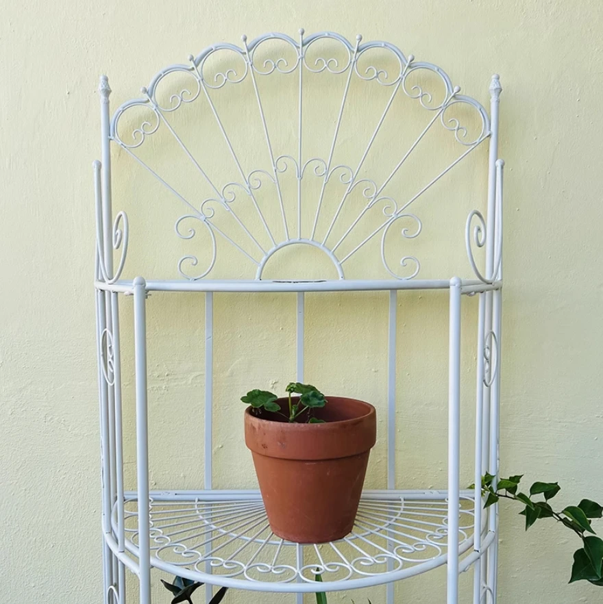 Vintage Retro White Metal Half Round 4 Tier Flower Stand Organization Shelf Indoor Outdoor