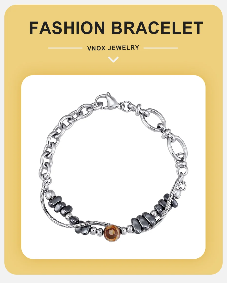 Vnox Herren-Doppelschicht-Armband, Edelstahl-Hämatit-Perlenkette, Verstellbarer Armschmuck, Geschenk für Ihn, Alltagsschmuck – Detail 1
