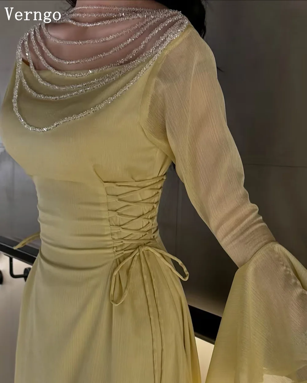 Verngo Blush Yellow Chiffon Prom Gowns Sequined Slim Tight Evenning Dresses Women Puff Sleeves Party Dress Customized image 2