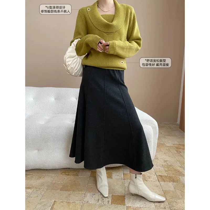 Damskie swetry dziergane, jednolite pulowery, swetry z okrągłym dekoltem, długi rękaw, lekko elastyczne, luźne, codzienne, do biura, jesień-zima 2025