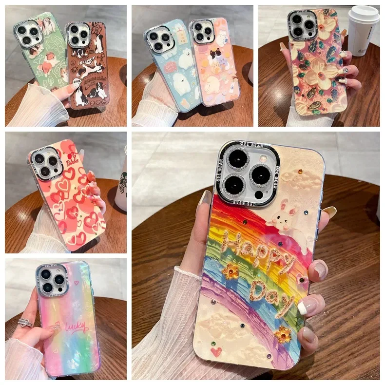 

Blue Light Dot Diamond Rainbow Rabbit Phone Case for Iphone 15 Promax IPhone 14 13 12 Lovely Shiny Lens Film Protective Cover