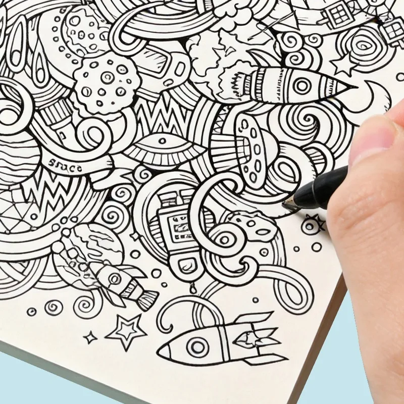 

One Adult Stress Relief Hand Drawn Graffiti Book, 24 Patterns Such As Space/Ocean/Dessert/Flower Theme Line Draft Coloring Album