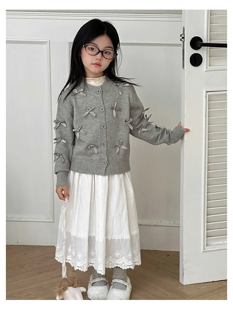 Elegante Schulmädchen-Baumwollpullover in Grau mit Schleifen für Mädchen, Kinder-Strickwaren, Mode für den Herbst, Teenager-Baby-Strickkleidung – Detail 10