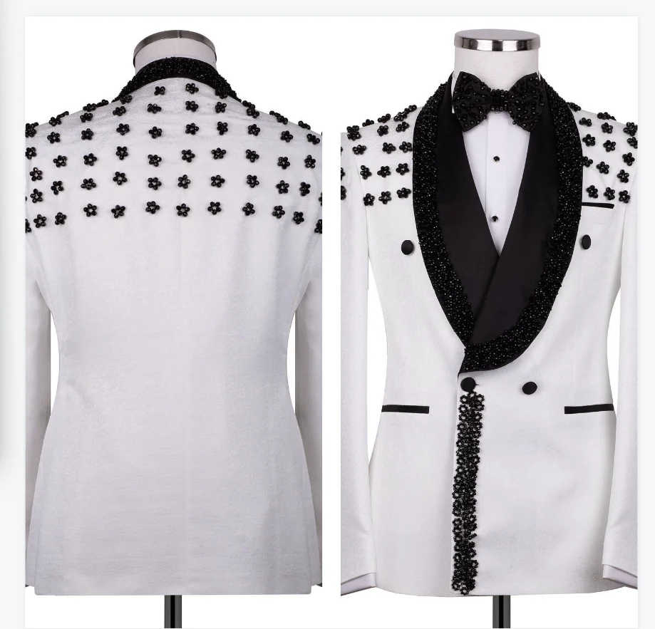 

White Men Suits Set 2 Pieces Blazer+Black Pants Trousers Crystals Wedding Tuxedos Jacket Formal Office Business Groom Male Coat