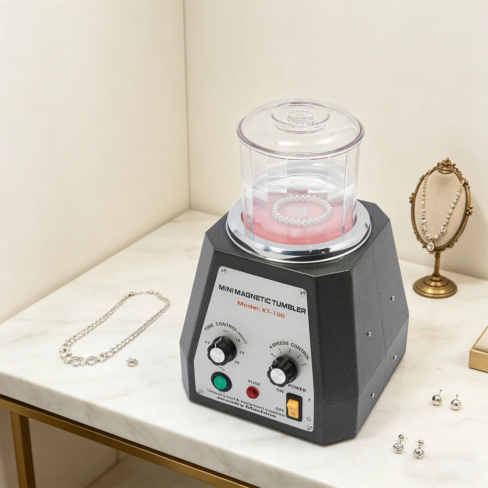 110V 0.2KW KT-100 Magnetic Tumbler Pin Mini Polishing Machine Jewelry Polisher Bucket Jewellery Tools Rotary Cleaning Deburring Finishing