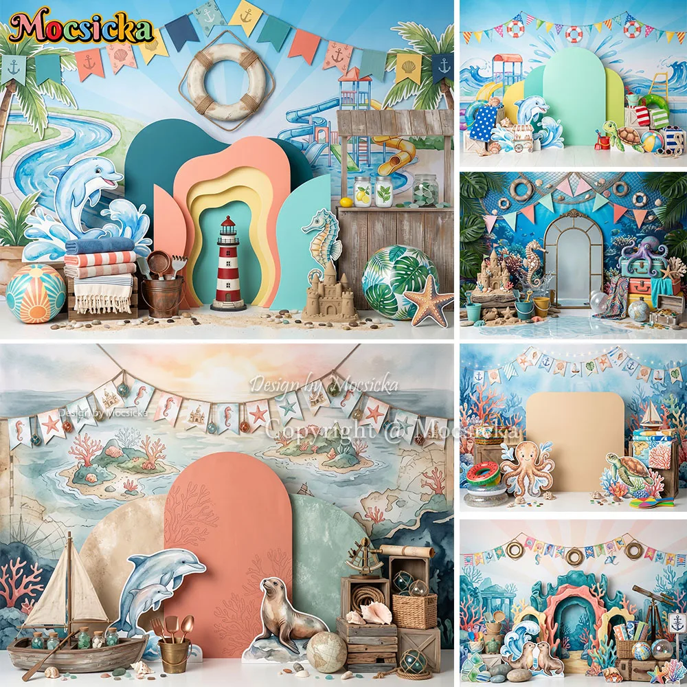Mocsicka Ocean Beach Backdrop Photography Nautical Lighthouse Dolphin Background Kids Summer Birthday Cake Smash Party Studio