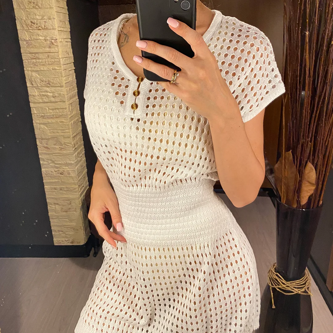 2026 Ausgehöhltes Kurzarm-Häkel-Strick-Tunika-Strandkleid Strandkleidung Strandmode Strand-Cover-Up für Damen V5494 – Detail 5