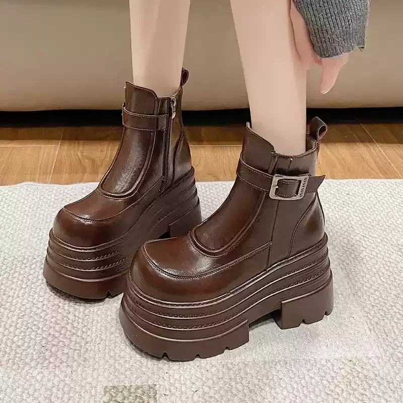 

Новые женские ботильоны на меху, кожаные армейские мотоциклетные ботинки на толстой подошве, осень-зима, теплые плюшевые зимние туфли на высокой платформе, женские 10 см