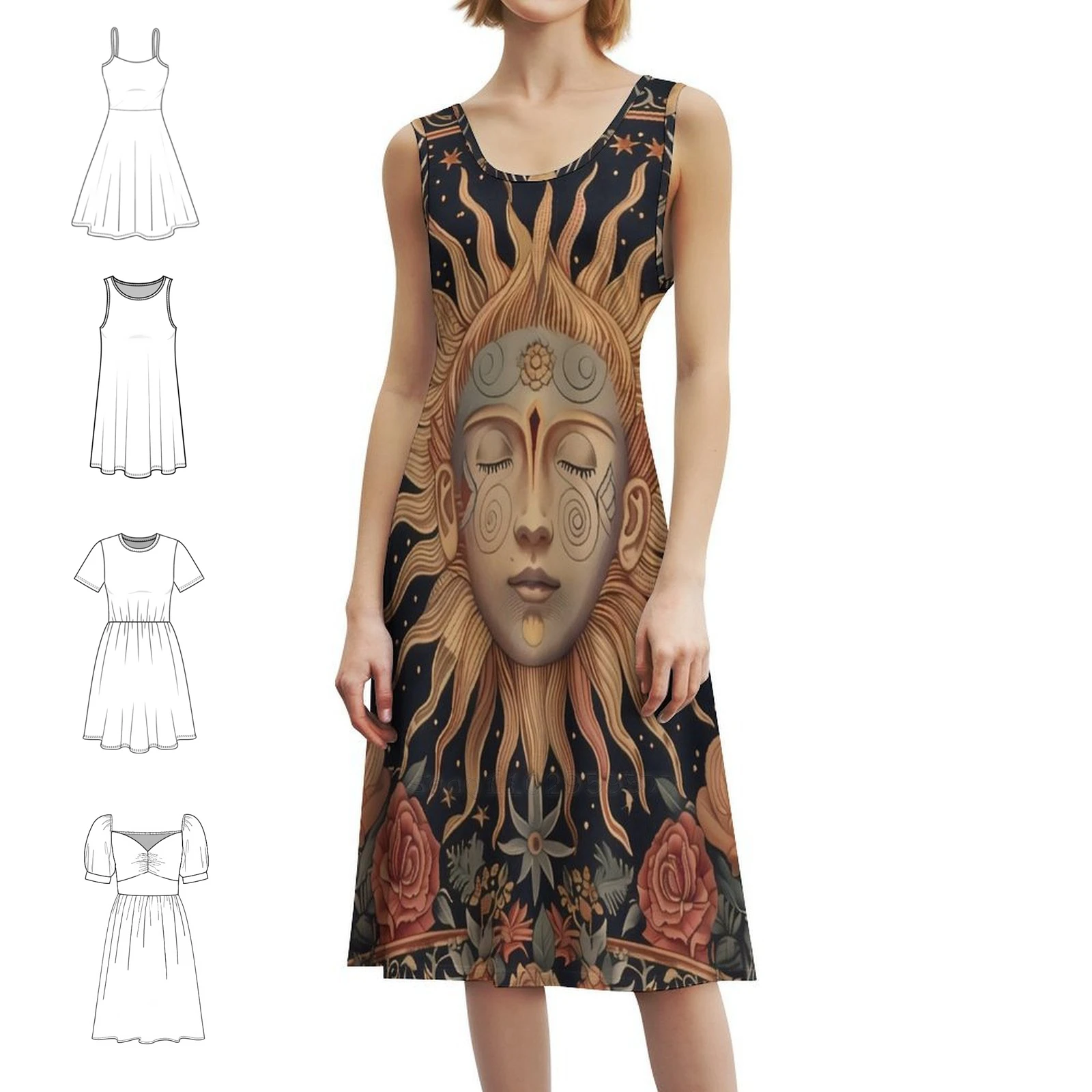 

Небесное Солнце и Луна: Мистическое цветочное космическое платье с вырезом в форме сердца, элегантное летнее вечернее платье для женщин, небесное