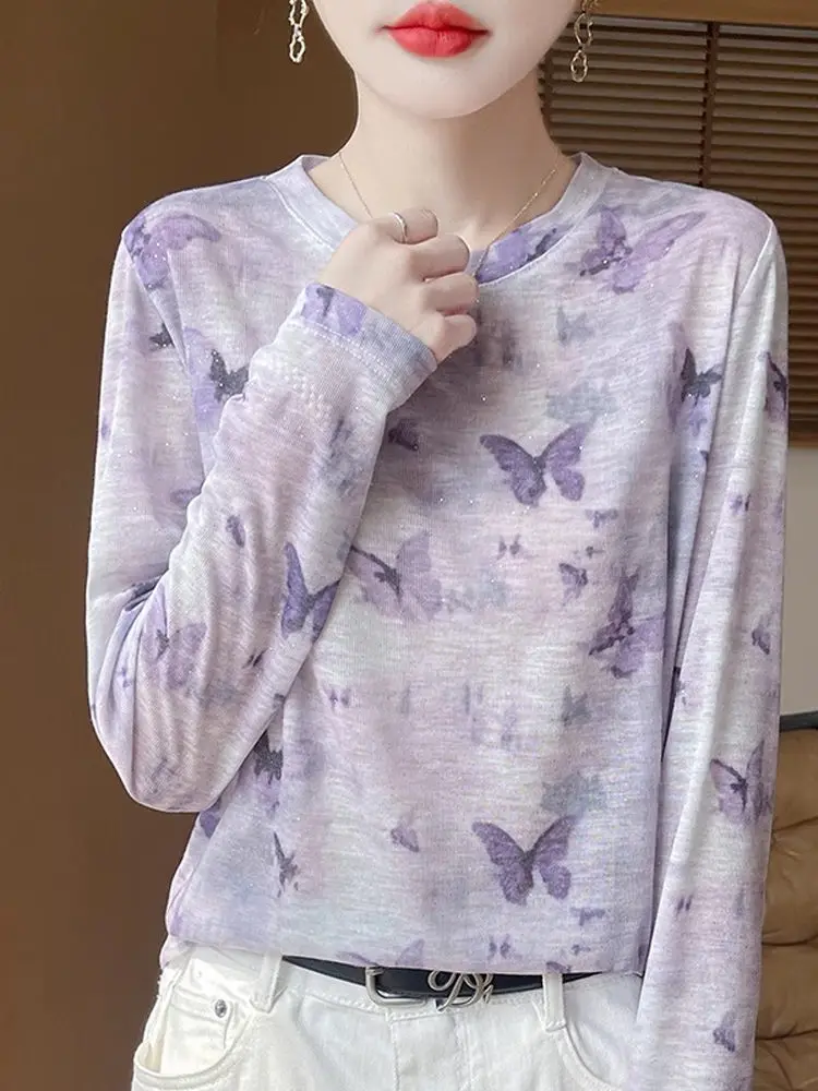 

Spring Autumn Silk Long Sve round Ne Loose Fit T-irt Women's Base irt Versatile Thin Sle Comfortable Base Layer Top