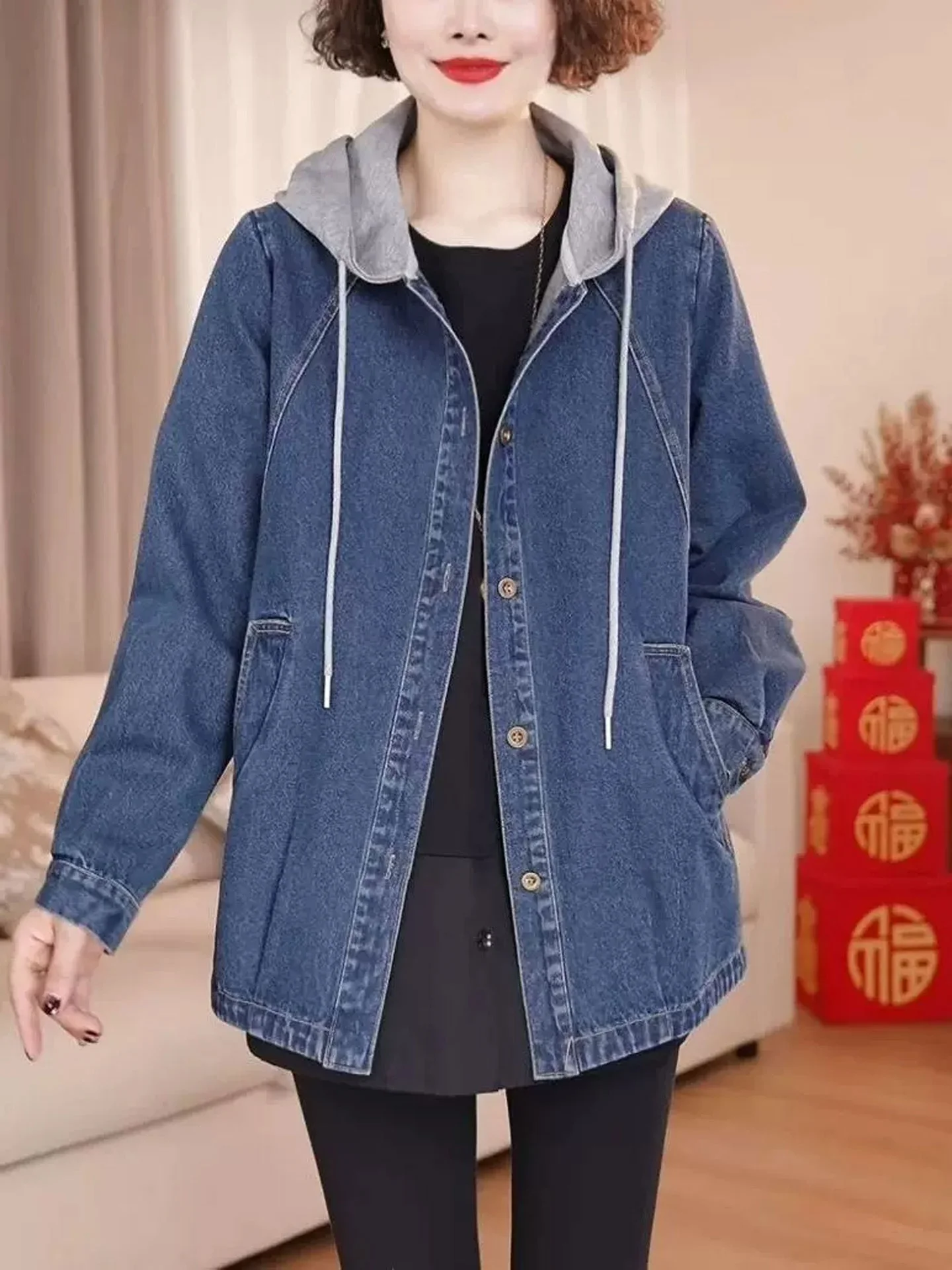 Ladies Casual Loose Fit Hooded Denim Jacket Color Block Design Mid-Length Open Cardigan Top for Autumn Season Fashion Trend