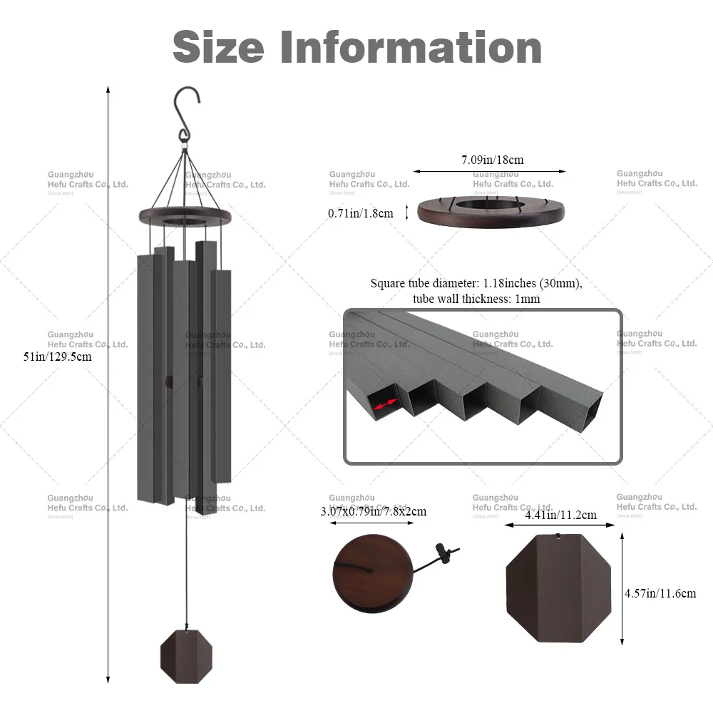 

HF 51 Outdoor Wind Chime Gray Square Aluminum Tube with Weatherproof Wooden Top for Garden Metal Iron Wood Ornament