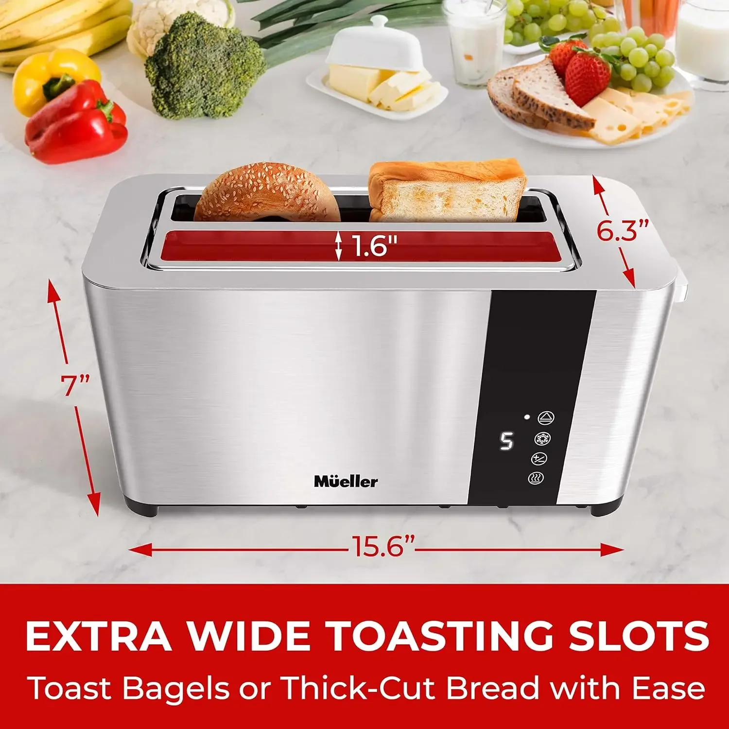 Neuer Ultra toast Voll-Edelstahl-Toaster 4 Scheiben lange, extra breite Schlitze mit abnehmbaren Funktionen zum Abbrechen/Abtauen/Aufwärmen