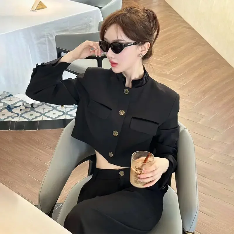 Insozkdg Autumn Small Fragrant Style Standing Collar Blazer Wide Leg Pants Sets Vintage Single Breasted Coat Pants Two Piece Set