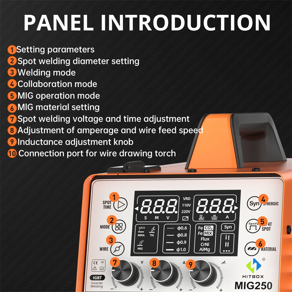 HITBOX 250A 6 in 1 Aluminum Welding Machine ARC MMA/MIG Gas Gasless/Lift TIG 2T 4T IGBT Inverter Semi-Automatic MIG Welder