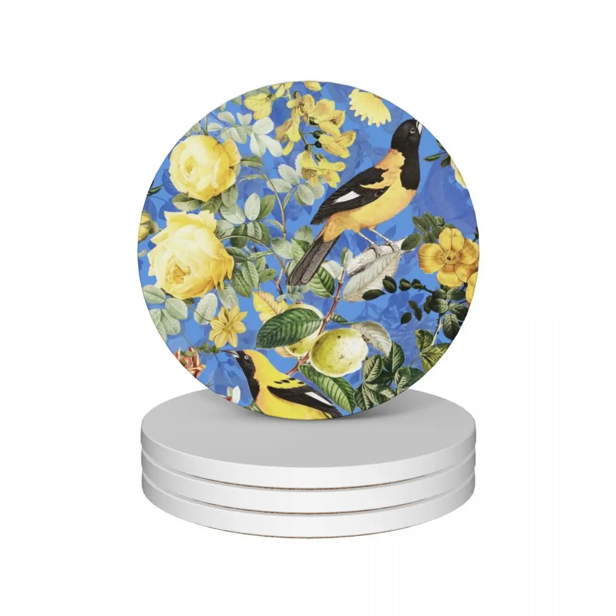 

Antique Blue And Yellow Botanical Flower Rose Botanical Garden Ceramic Coasters (Set of 4) for coffee cups cute Coasters