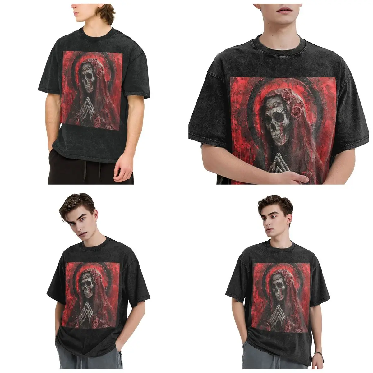 

Streetwear T-Shirts Santa Muerte Saint Death Goth Mexican Muertos Skull Washed T Shirt Short Sleeve Tops Tees for Men Women