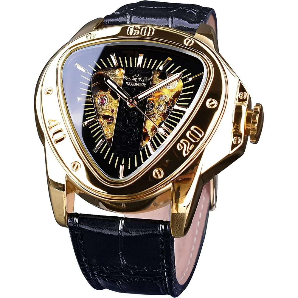 Fashion Mens Mechanical Wrist Watch Triangle Racing Dial Waterproof Golden Skeleton Automatic Movement Mechanical Watch for Men