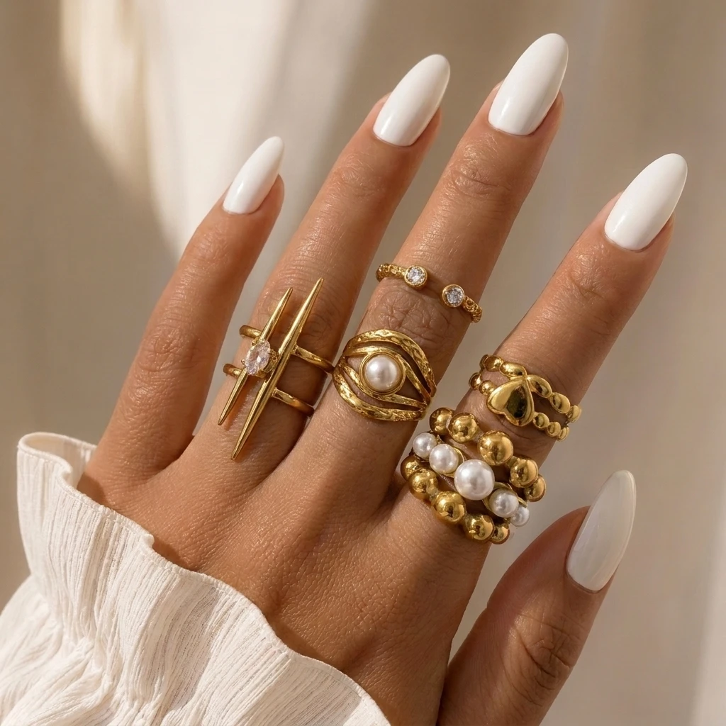 Boho Stackable Rings For Women Stainless Steel Imitation Pearl Love Heart Zircon Geometric Open Ring Waterproof Fashion Jewelry