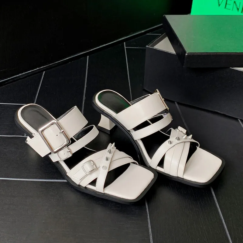 

Fashion High Heels Women Slippers Genuine Leather Quality Metal Buckle Elegant Party Prom Pumps Shoes Woman Sandals 2023