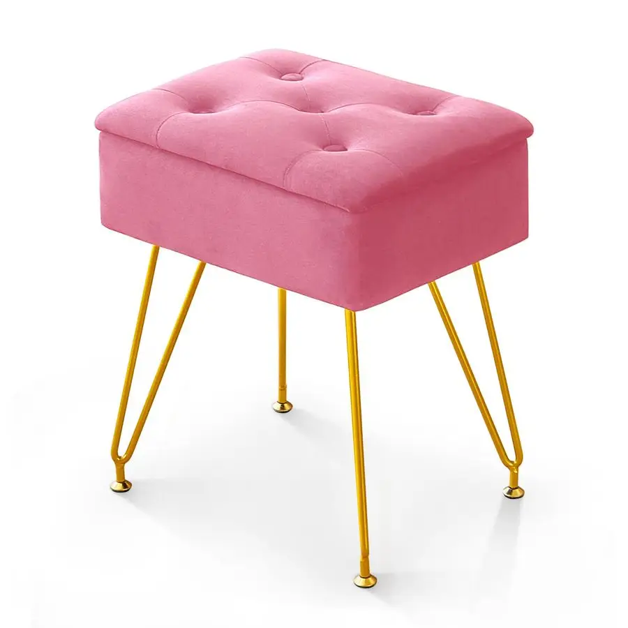 

Stool Chair with Storage, Square Velvet Makeup Vanity Chair with Metal Legs amp Adjustable Gold Feet, Flip Top Ottoman Foot Res