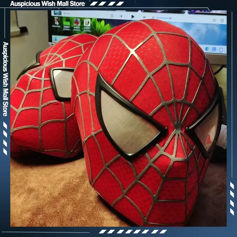 

Hot Toby Maguire Spiderman Mask With Hard Face Shell & Magnetic Eyes Super Hero Venom Screen Printed Fabric 3d Webs Cos Gift