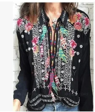 

TEELYNN Black floral embroider blouse shirt women 2024 vintage cotton autumn blouses top pullover boho camisas mujer Boho