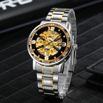 Forsining fashion diamond gold strip skeleton mechanical watch stainless steel luminous men watches sports business wristwatch