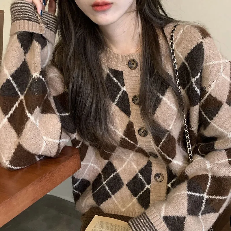 Argyle Cardigan Women Knitted Sweater Loose Single Breasted Students V-neck Lovely Knitwear Korean Oversize Cardigan Winter Tops