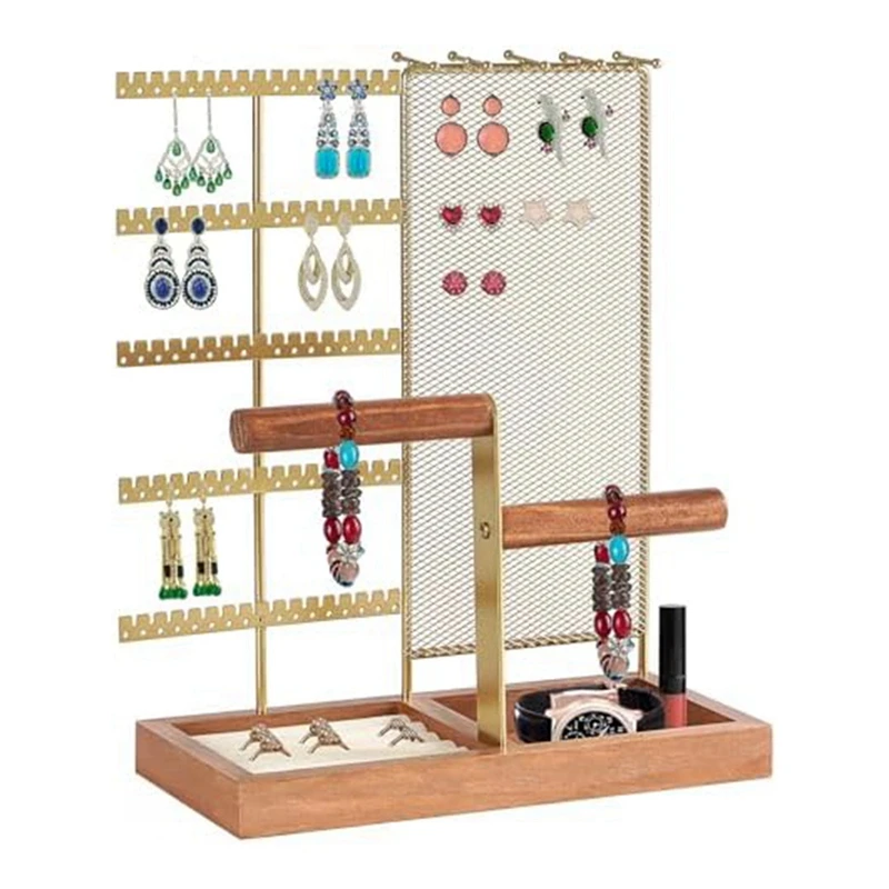 

Gold Jewelry Storage Box Holder 7-Layer Necklace Holder With 80 Holes And Wooden Handle For Bracelets Watches Rings