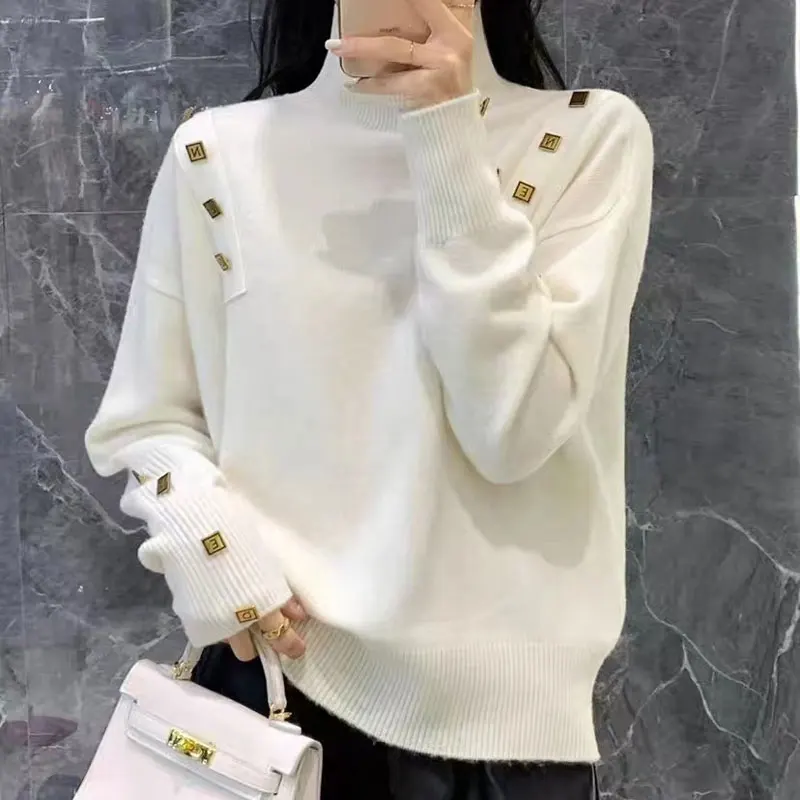 Autumn Winter Casual Spliced Button Jumpers Female Clothing Korean Turtleneck Stylish Solid Color Commute Loose Knitted Sweaters