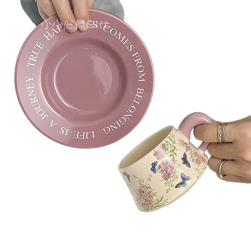 HYS Crape Myrtle Flower Oil Painting Coffee Cup Saucer Ceramic Afternoon Tea Mark Cup Souvenir Boxed Gifts Light Luxury