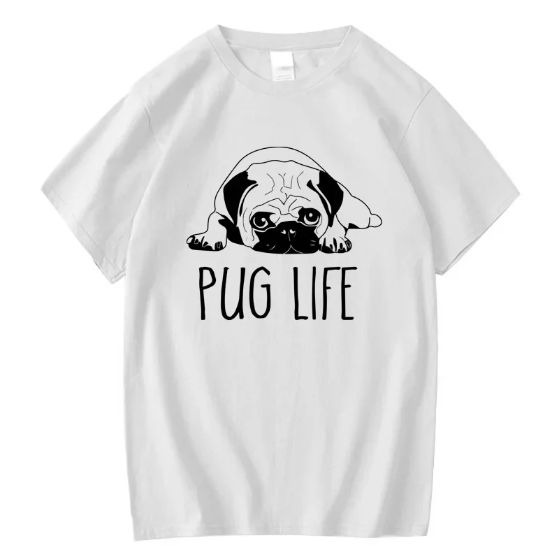 

Summer men's 100% pure cotton, fun Pug Dog printed round-neck loose short-sleeved T-shirt, high-quality clothing