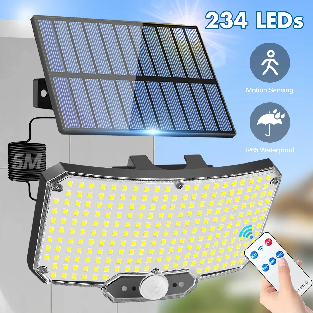 

234LED Solar Lights Outdoor With 3 Modes Motion Sensor Solar Flood Lights with Remote IP65 Waterproof Security Solar Wall Lamp