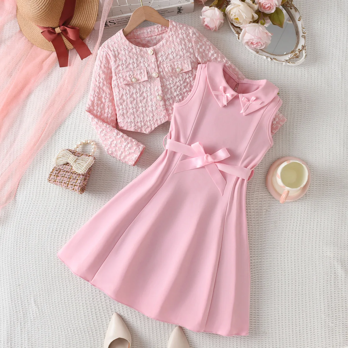 2 Piece Set Girls' Pink Suit Jacket Vest Long Skirt Bow Belt Children's Skirt Kids Fashion and Beautiful Dress