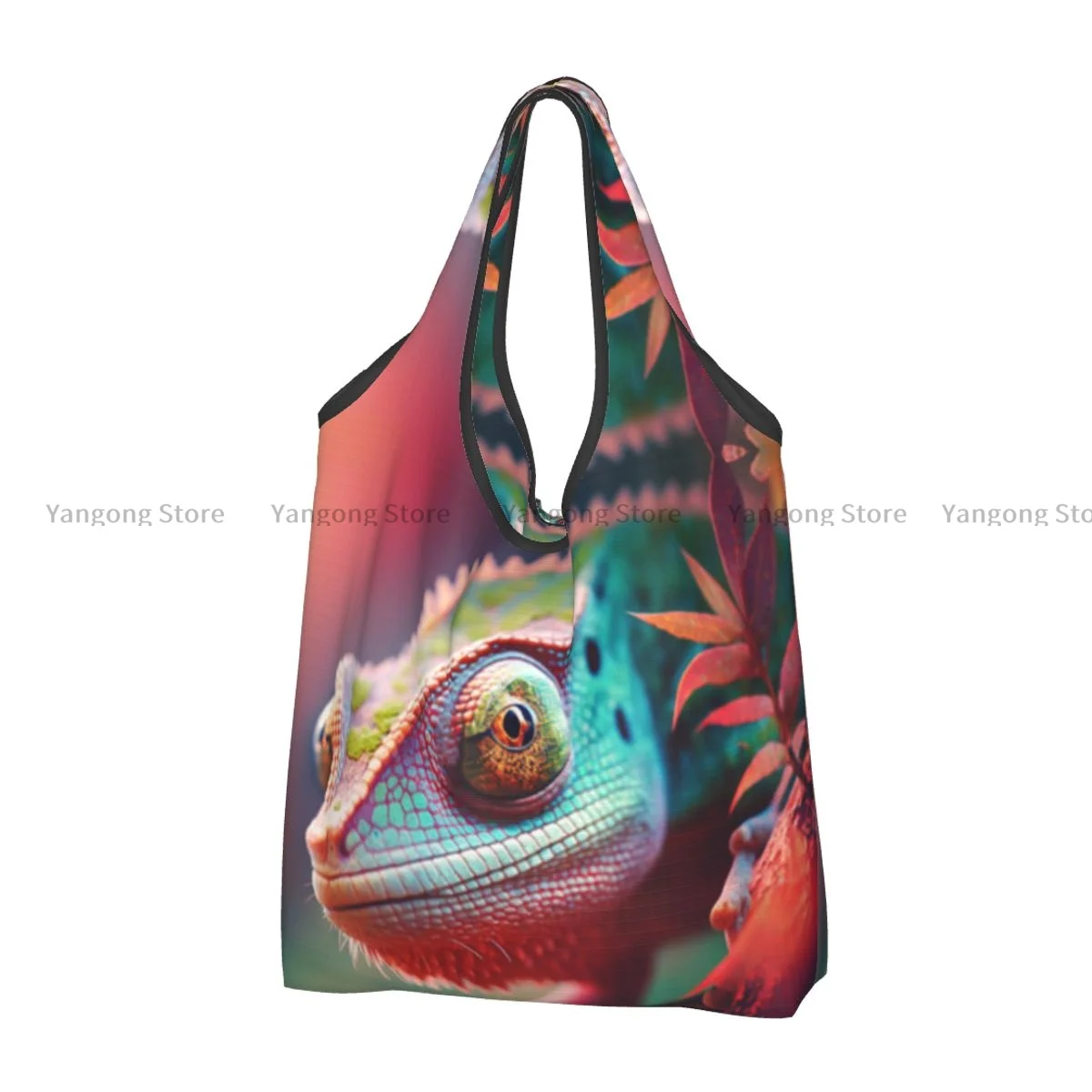 Foldable Shopping Bag Chameleon On Tree Branch Tote Folding Pouch Handbag Convenient Travel Grocery Bag